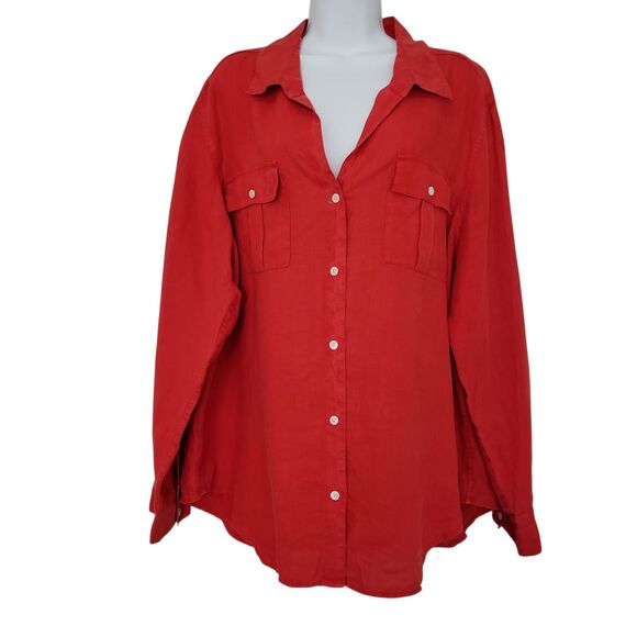 Tommy Bahama Linen Shirt Womens XL Red Long Sleeve Button Up Roll Tab Pcokets - Picture 2 of 13
